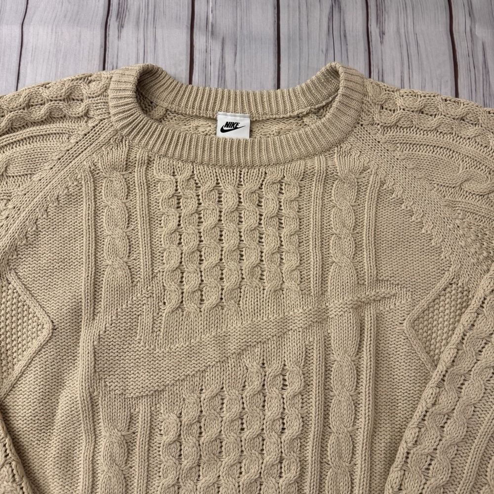 Nike Sweater Men's XXL Sportswear Life Cable Knit Rattan Cream Wool Swoosh Logo - Picture 2 of 8